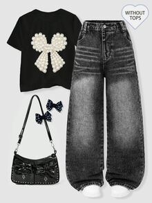 Girls' 26 New Casual Denim Jeans, All-Season Black Washed Vintage Distressed Ripped Fashion Versatile Long Pants Autumn Fall - Black - View 4
