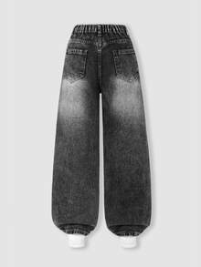 Girls' 26 New Casual Denim Jeans, All-Season Black Washed Vintage Distressed Ripped Fashion Versatile Long Pants Autumn Fall - Black - View 2