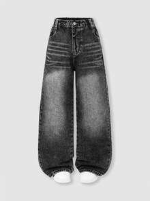 Girls' 26 New Casual Denim Jeans, All-Season Black Washed Vintage Distressed Ripped Fashion Versatile Long Pants Autumn Fall - Black - View 5