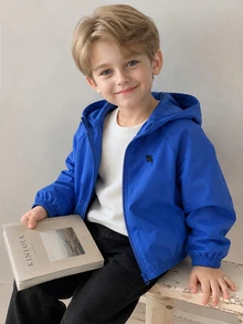 SHEIN 1件小男孩休閒極簡街頭連帽長袖外套，時尚設計，適合秋季穿著，4-7歲男孩日常、運動、校園 - 藍色 - 查看 2
