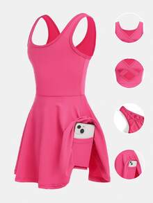 SHEIN 女童 2 件套服裝－淺粉色無袖洋裝，鏤空交叉露背設計搭配內搭褲，適合夏季、返校、舞蹈與芭蕾 - 玫紅色 - 查看 3