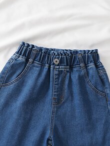 SHEIN 青少年女孩休閒波希米亞風高腰平口袋寬腿牛仔褲，女孩日常穿搭秋季款 - 深色水洗藍 - 查看 5