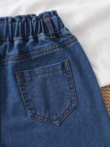 SHEIN 青少年女孩休閒波希米亞風高腰平口袋寬腿牛仔褲，女孩日常穿搭秋季款 - 深色水洗藍 - 查看 6