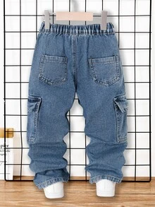 Genkimix Kids 小男孩休閒寬鬆對比縫線直筒牛仔長褲，適合學校、校園、大學，夏秋冬季，嬰兒藍 - 中等水洗藍 - 查看 2