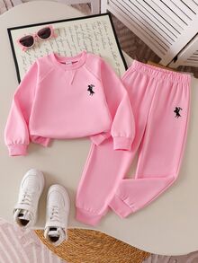 SHEIN 女童 2 件套秋季粉色長袖圓領運動衫上衣搭配運動長褲，圖案刺繡可愛幼童運動休閒服秋季服飾 - 粉色 - 查看 5