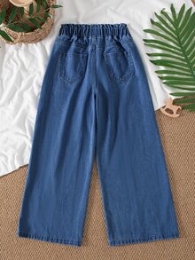 SHEIN 少女彈性腰寬腿牛仔褲 休閒街頭風學院風 水藍色純棉丹寧褲 柔軟舒適 百搭 校園日常出遊 夏季 - 深色水洗藍 - 查看 2