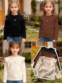 Genkimix Kids 3pcs/Set Girls Autumn/Winter Ruffle Flutter Sleeve Knitted Double-Sided Fleece Base Layer, Embroidered Heart Long Sleeve T-Shirt School Black Orange - Multicolor - View 5