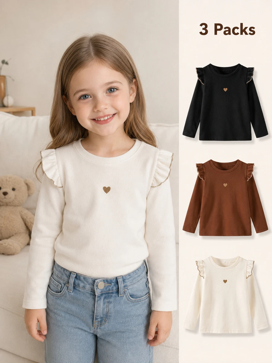 Genkimix Kids 3pcs/Set Girls Autumn/Winter Ruffle Flutter Sleeve Knitted Double-Sided Fleece Base Layer, Embroidered Heart Long Sleeve T-Shirt School Black Orange - Multicolor - View 1