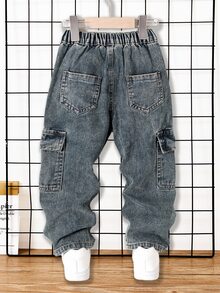 Young Boy Casual Loose Fit Straight Leg Contrast Stitching Cargo Jeans Summer Baby Blue - Medium Wash - View 3