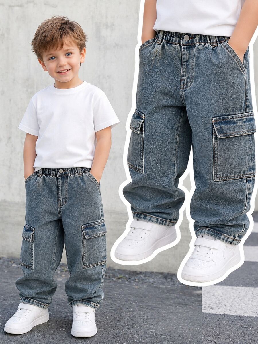 Young Boy Casual Loose Fit Straight Leg Contrast Stitching Cargo Jeans Summer Baby Blue