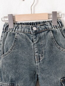 Young Boy Casual Loose Fit Straight Leg Contrast Stitching Cargo Jeans Summer Baby Blue - Medium Wash - View 7