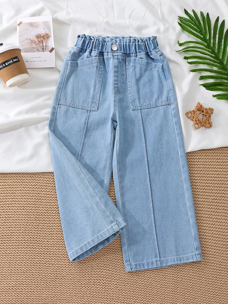 SHEIN Elladie kids Quần dài ống rộng denim màu xanh baby cho bé gái, mẫu mới mùa hè, phong cách casual dễ thương vintage thoải mái, cạp cao co giãn, thiết kế túi bên đường may sườn - Rửa nhẹ - Xem 3