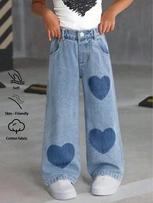 SHEIN ChillGRL Young Girls Back To School Outfit Denim, Autumn School Daily Heart Patchwork Straight‑Leg Long Jeans - Light Wash - View 6