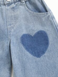 SHEIN ChillGRL Young Girls Back To School Outfit Denim, Autumn School Daily Heart Patchwork Straight‑Leg Long Jeans - Light Wash - View 7