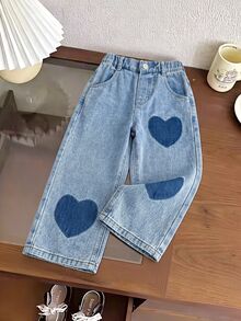 SHEIN ChillGRL Young Girls Back To School Outfit Denim, Autumn School Daily Heart Patchwork Straight‑Leg Long Jeans - Light Wash - View 5