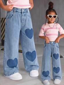 SHEIN ChillGRL Young Girls Back To School Outfit Denim, Autumn School Daily Heart Patchwork Straight‑Leg Long Jeans - Light Wash - View 4