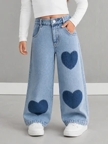 SHEIN ChillGRL Young Girls Back To School Outfit Denim, Autumn School Daily Heart Patchwork Straight‑Leg Long Jeans - Light Wash - View 2