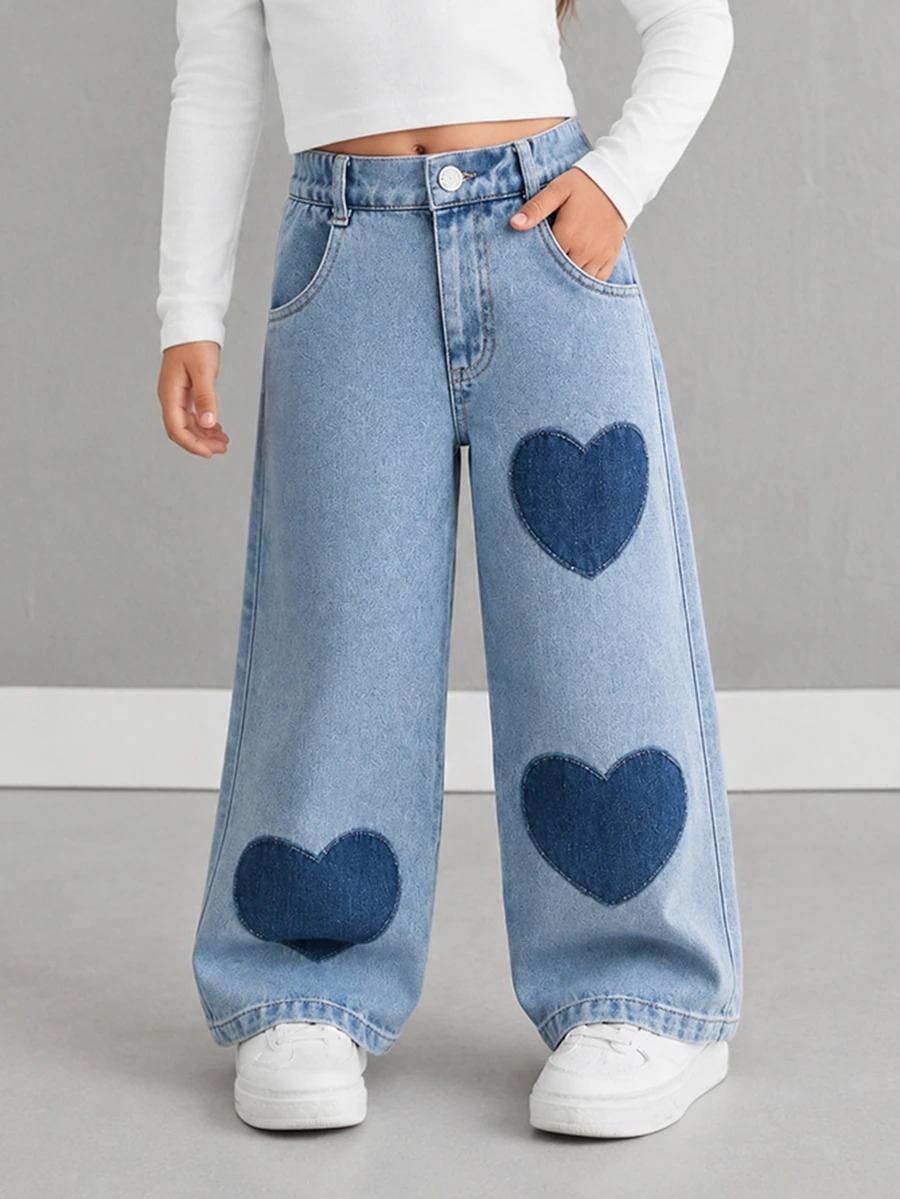 SHEIN ChillGRL Young Girls Back To School Outfit Denim, Autumn School Daily Heart Patchwork Straight‑Leg Long Jeans