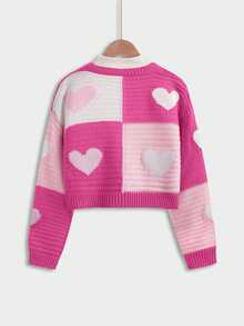 Tween Girl Solid Color Contrast Panel Long Sleeve Top With Heart Design Autumn Fall Birthday School Pink And White Y2k Cute - Multicolor - View 3