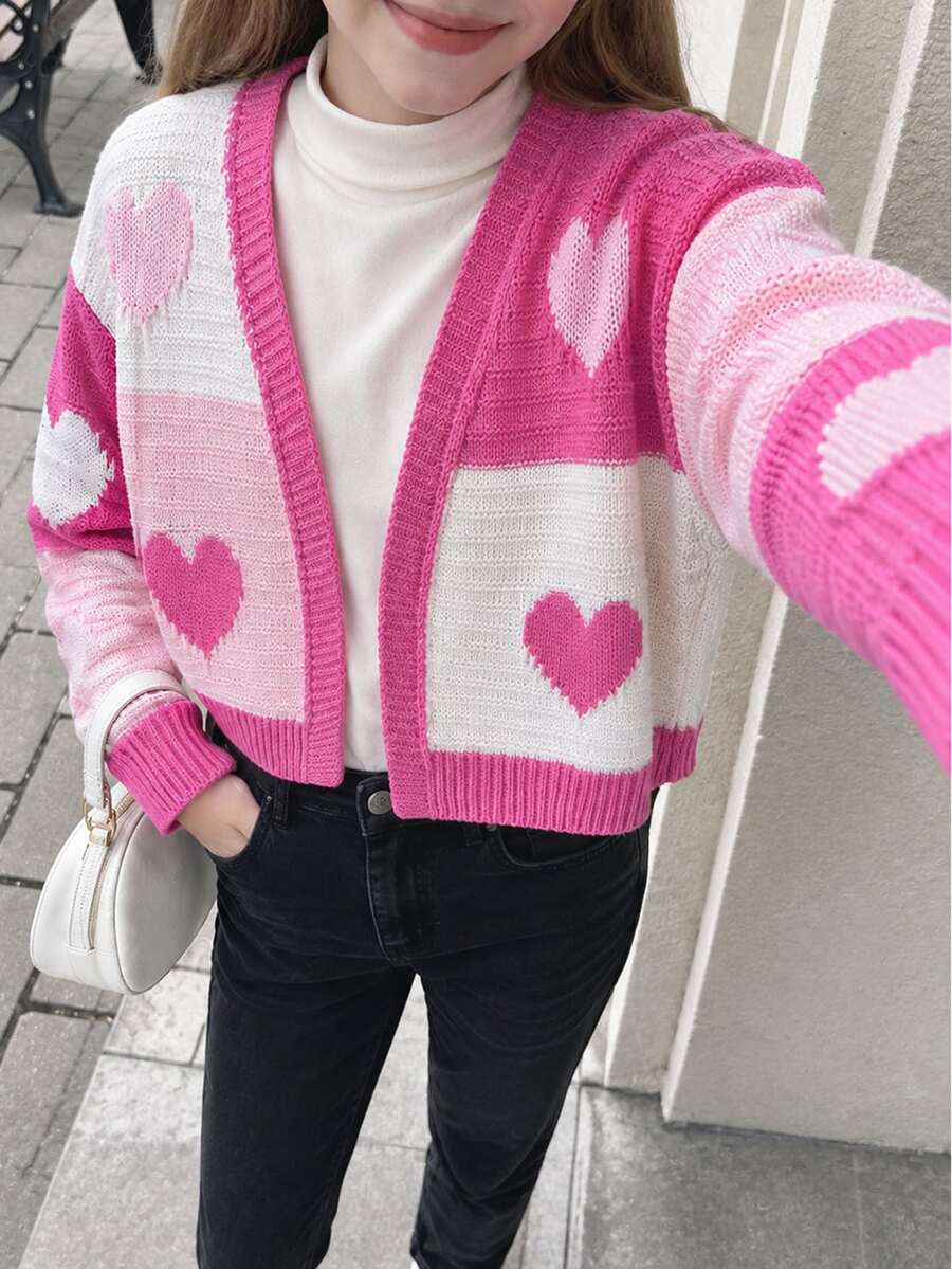 Tween Girl Solid Color Contrast Panel Long Sleeve Top With Heart Design Autumn Fall Birthday School Pink And White Y2k Cute
