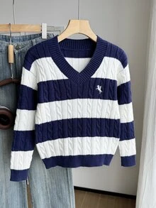 SHEIN Tween Girls Blue & White Striped Colorblock Cable Knit V-Neck Drop Shoulder Embroidered Logo Long Sleeve Loose Fit Pullover Sweater, Suitable For Autumn/Winter And Outdoor Wear - Multicolor - View 4