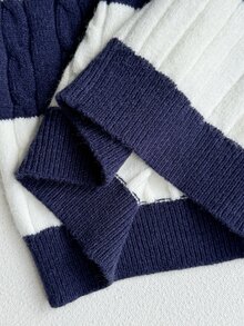 SHEIN Tween Girls Blue & White Striped Colorblock Cable Knit V-Neck Drop Shoulder Embroidered Logo Long Sleeve Loose Fit Pullover Sweater, Suitable For Autumn/Winter And Outdoor Wear - Multicolor - View 10