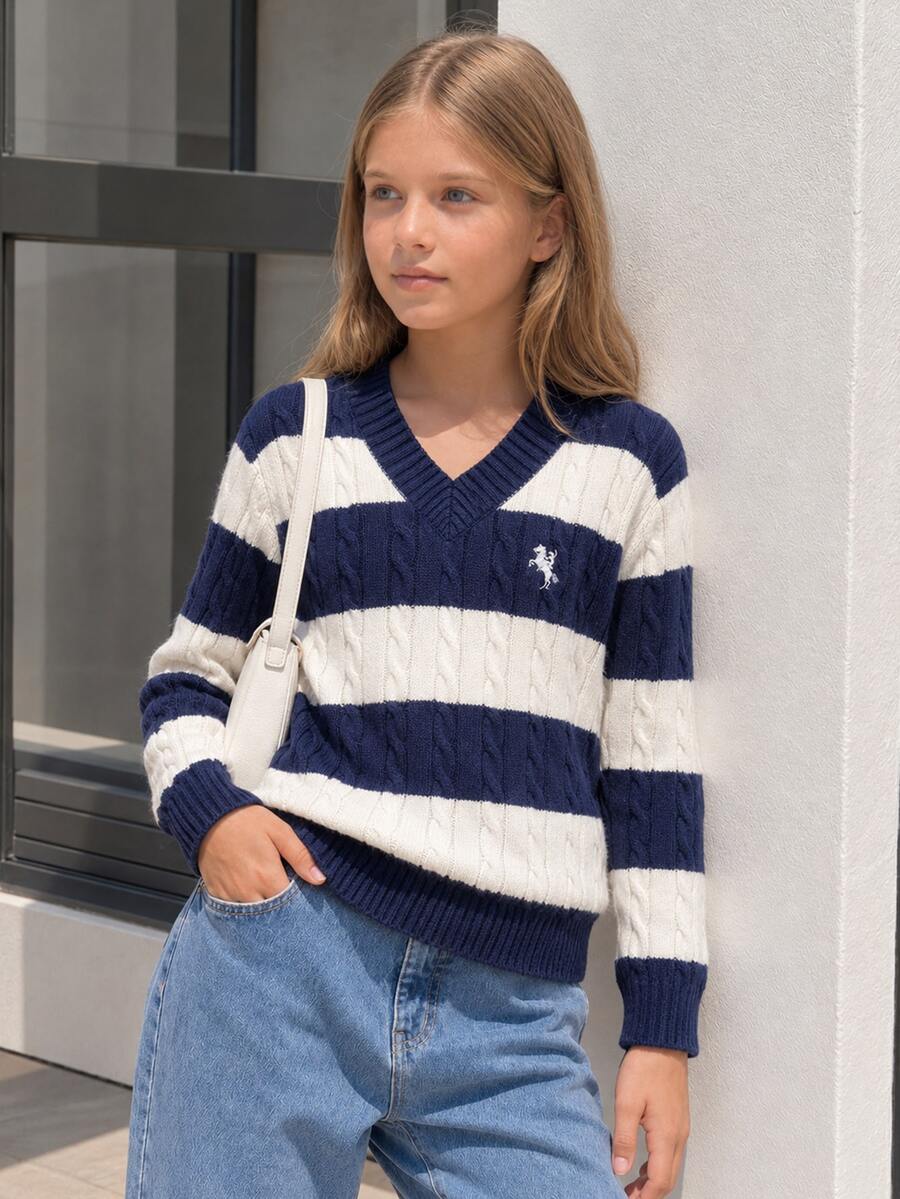 SHEIN Tween Girls Blue & White Striped Colorblock Cable Knit V-Neck Drop Shoulder Embroidered Logo Long Sleeve Loose Fit Pullover Sweater, Suitable For Autumn/Winter And Outdoor Wear - Multicolor - View 1