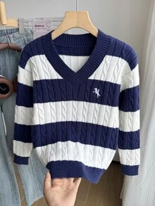 SHEIN Tween Girls Blue & White Striped Colorblock Cable Knit V-Neck Drop Shoulder Embroidered Logo Long Sleeve Loose Fit Pullover Sweater, Suitable For Autumn/Winter And Outdoor Wear - Multicolor - View 6
