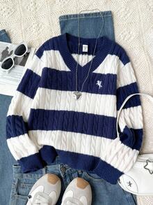SHEIN Tween Girls Blue & White Striped Colorblock Cable Knit V-Neck Drop Shoulder Embroidered Logo Long Sleeve Loose Fit Pullover Sweater, Suitable For Autumn/Winter And Outdoor Wear - Multicolor - View 7