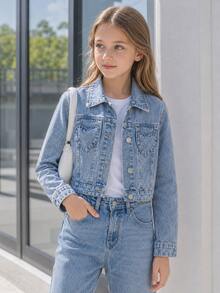 Long Sleeve Lapel Girls' Denim Jacket And Coat, All-Season Y2K Style, Vintage Mid-Blue Denim Color, Heart-Shaped Pocket Design, Fall, Casual - Medium Wash - View 2
