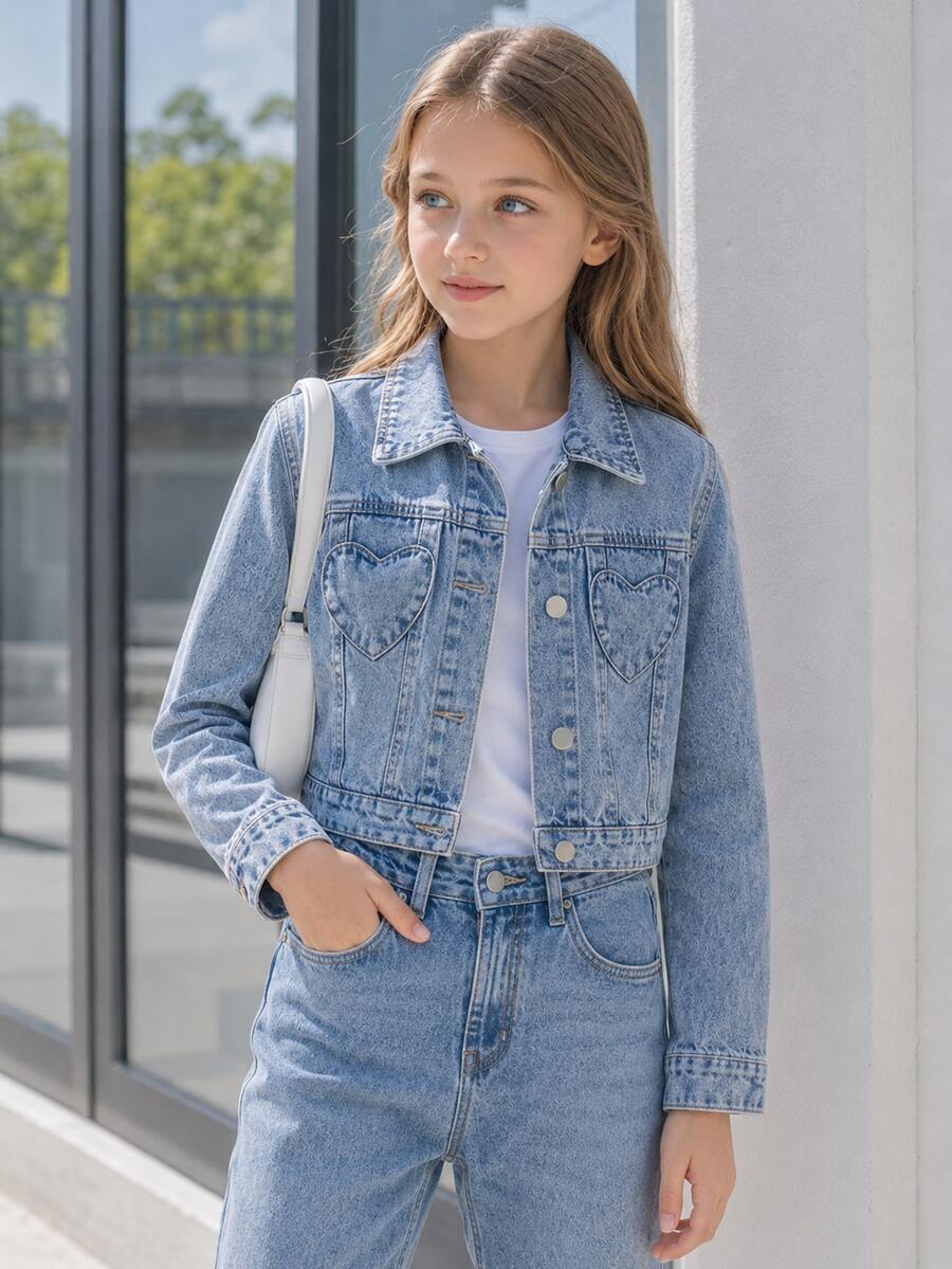 Long Sleeve Lapel Girls' Denim Jacket And Coat, All-Season Y2K Style, Vintage Mid-Blue Denim Color, Heart-Shaped Pocket Design, Fall, Casual