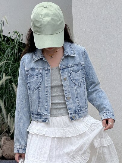 Chaqueta y abrigo de mezclilla de manga larga con solapa para niñas, estilo Y2K para todas las estaciones, color azul medio vintage, diseño de bolsillo en forma de corazón, otoño, casual