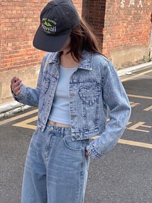 Long Sleeve Lapel Girls' Denim Jacket And Coat, All-Season Y2K Style, Vintage Mid-Blue Denim Color, Heart-Shaped Pocket Design, Fall, Casual - Medium Wash - View 7