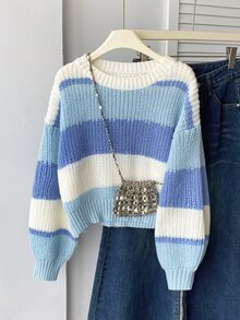 SHEIN 女童圓領套頭毛衣，藍白配色拼色條紋短版休閒酷感款，適合秋冬校園、出遊與旅行 - 彩色 - 查看 3