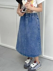 SHEIN 青少年女孩深色水洗藍牛仔 A 字裙 秋季休閒街頭風校園風 柔軟面料 鬆緊腰帶 後開衩 度假旅行 - 深色水洗藍 - 查看 6