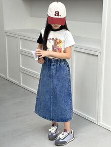 SHEIN 青少年女孩深色水洗藍牛仔 A 字裙 秋季休閒街頭風校園風 柔軟面料 鬆緊腰帶 後開衩 度假旅行 - 深色水洗藍 - 查看 5