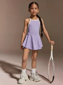 女童夏季舞蹈運動運動風牛仔女孩無袖白色洋裝裙 運動服 芭蕾體操訓練彈性 生日穿搭 - 紫色 - 查看 5