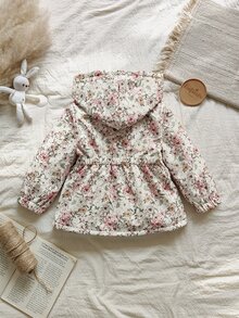 SHEIN Vintaside Kids Young Girls Cute Printed Thermal Lined Zip-Up Jacket, Autumn/Winter - Brown - View 3