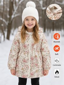 SHEIN Vintaside Kids Young Girls Cute Printed Thermal Lined Zip-Up Jacket, Autumn/Winter - Brown - View 2