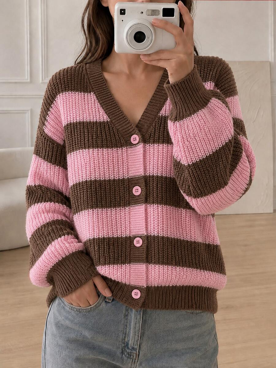 SHEIN Girls' Pink Stripe Cardigan Sweater Top, Autumn/Winter Fashion Versatile Knit Cardigan Farewell Cute