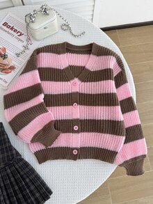 SHEIN Girls' Pink Stripe Cardigan Sweater Top, Autumn/Winter Fashion Versatile Knit Cardigan Farewell Cute - Multicolor - View 6