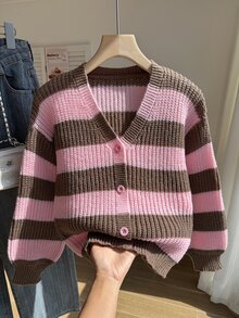 SHEIN Girls' Pink Stripe Cardigan Sweater Top, Autumn/Winter Fashion Versatile Knit Cardigan Farewell Cute - Multicolor - View 5