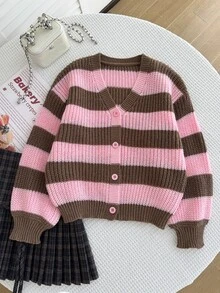 SHEIN Girls' Pink Stripe Cardigan Sweater Top, Autumn/Winter Fashion Versatile Knit Cardigan Farewell Cute - Multicolor - View 4