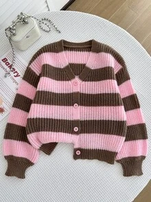 SHEIN Girls' Pink Stripe Cardigan Sweater Top, Autumn/Winter Fashion Versatile Knit Cardigan Farewell Cute - Multicolor - View 7