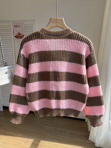 SHEIN Girls' Pink Stripe Cardigan Sweater Top, Autumn/Winter Fashion Versatile Knit Cardigan Farewell Cute - Multicolor - View 3