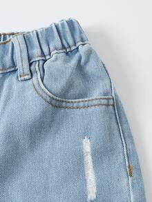 SHEIN ChillGRL 女童 Y2K 休閒百搭街頭風不對稱彈性腰破損寬鬆直筒寬腿牛仔褲 2025 新款夏季必備 嬰兒藍 - 藍色 - 查看 7