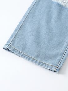 SHEIN ChillGRL 女童 Y2K 休閒百搭街頭風不對稱彈性腰破損寬鬆直筒寬腿牛仔褲 2025 新款夏季必備 嬰兒藍 - 藍色 - 查看 9