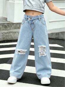 SHEIN ChillGRL 女童 Y2K 休閒百搭街頭風不對稱彈性腰破損寬鬆直筒寬腿牛仔褲 2025 新款夏季必備 嬰兒藍 - 藍色 - 查看 3