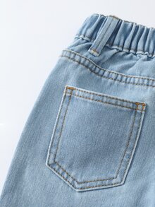 SHEIN ChillGRL 女童 Y2K 休閒百搭街頭風不對稱彈性腰破損寬鬆直筒寬腿牛仔褲 2025 新款夏季必備 嬰兒藍 - 藍色 - 查看 8