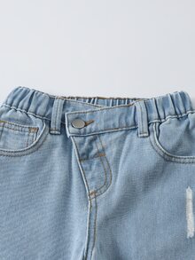 SHEIN ChillGRL 女童 Y2K 休閒百搭街頭風不對稱彈性腰破損寬鬆直筒寬腿牛仔褲 2025 新款夏季必備 嬰兒藍 - 藍色 - 查看 5